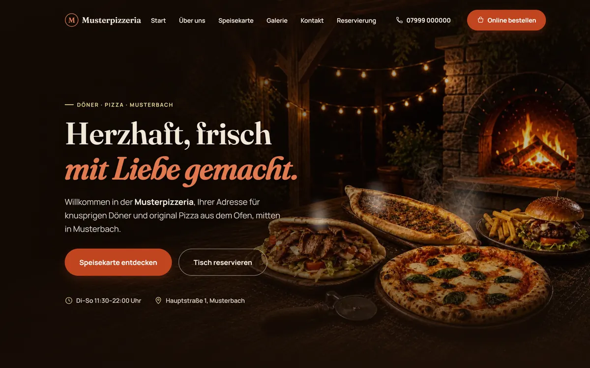 Startseite einer erfundenen Pizzeria: Schriftzug über einem Foto von Pizza und Döner, darunter Schaltflächen für Speisekarte und Reservierung.